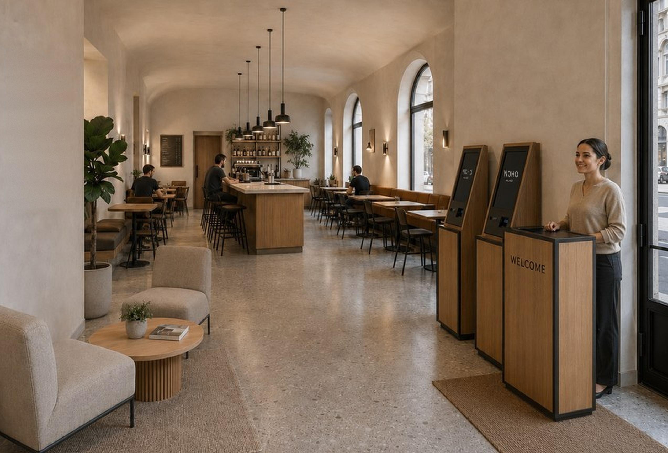NOHO concept interior with warm timber, shared seating and an arched entrance